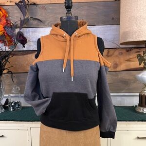 Cold Shoulder  Tri-color Hoodie Orange, Grey, and Black Functional pockets